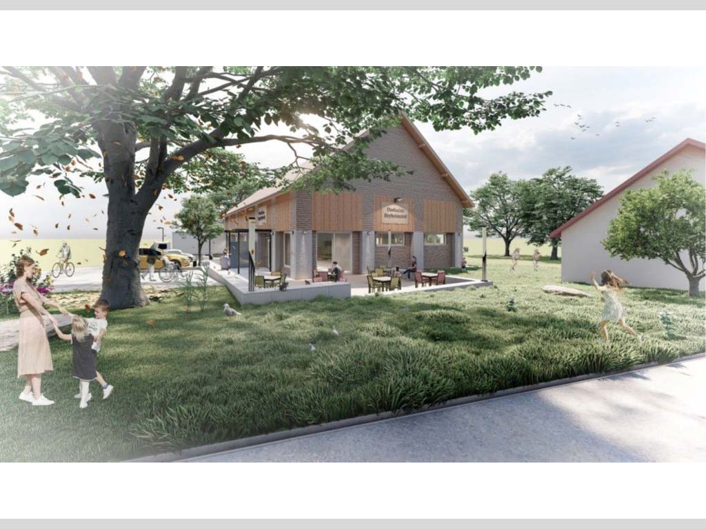 Die Animation zeigt das Aussehen des künftigen Dorfladens von Süden her (Bildquelle: Architekturbüro Pokam)